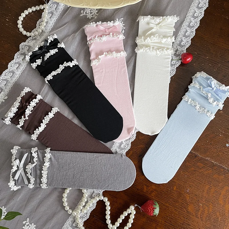 3-8T Kids Calf Socks New Summer 6 Colors Cute Children Straight Socks Sweet Three Layer Lace Girls Knee-high Socks