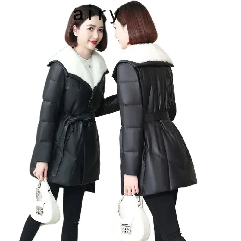 Hohe Qualität Echt Leder Jacke Frauen Winter Elegante Echtem Schaffell Leder Unten Mäntel Luxus Nerz Pelz Kragen Abrigos Mujer