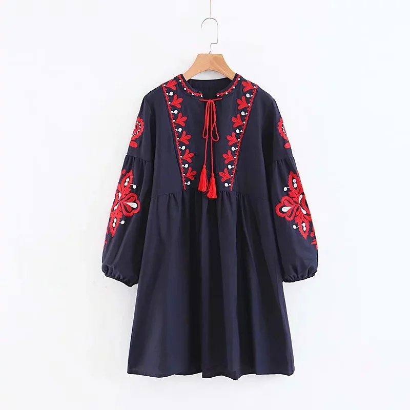 Spring Autumn Vacation Tourism Bow Tie Neck Dress Women Loose Elegant Ethnic Lantern Sleeve Cute Embroidered Floral Cute Dresses