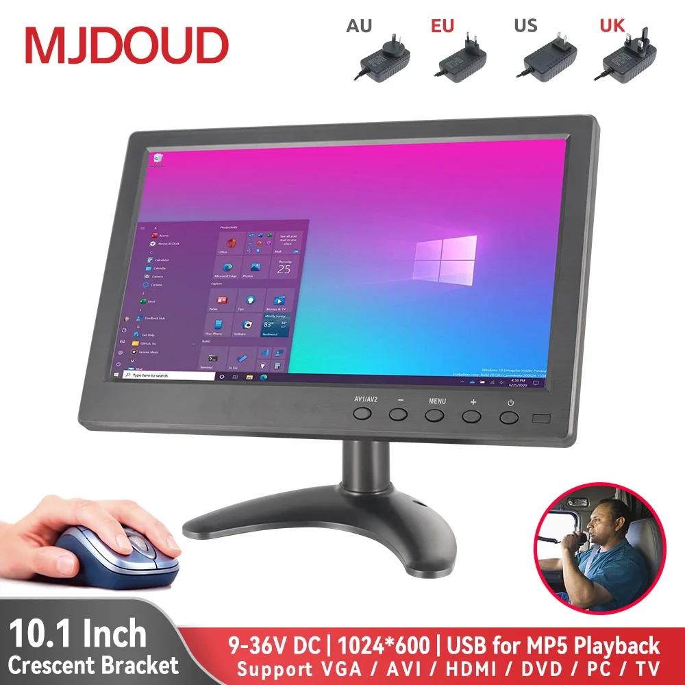 

MJDOUD 10.1" LCD HD Monitor Mini TV & Computer Display Color Screen 2 Channel Video Input Security Monitor with Speaker VGA USB