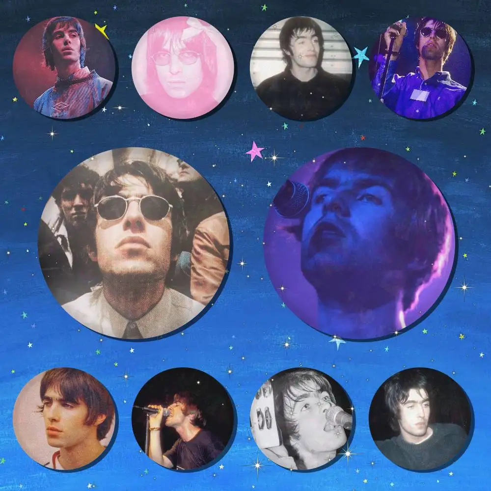 Liam Gallagher O-Oasis Abzeichen für Rucksack-Accessoires, Manga-Icons, Anstecknadeln, runde Cartoon-Broschen für Kleidung, Taschen, Dekoration, Geschenke