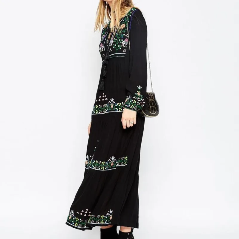 2025 Holiday Black Embroidery Women Dress Long Sleeve Loose Boho Dress Style Maxi Dresses Vestidos V-Neck Sexy Women Clothing