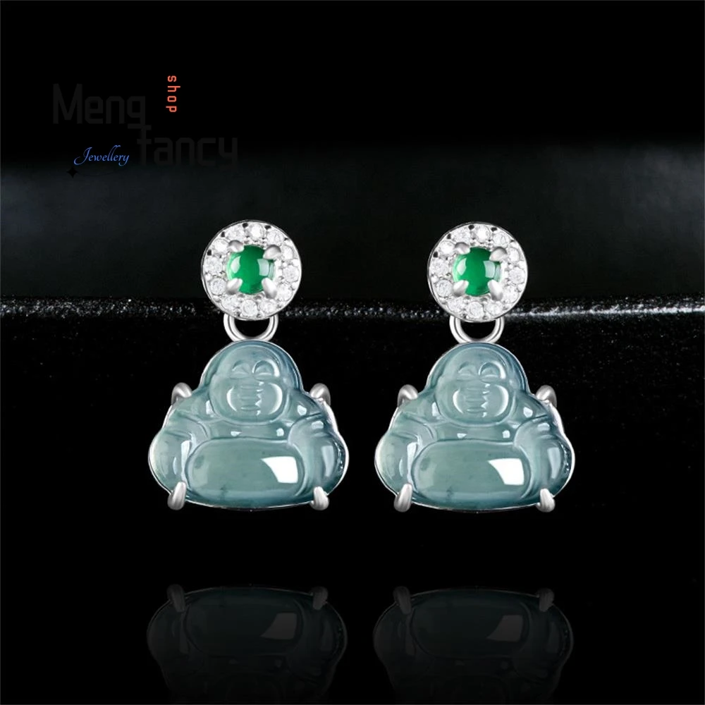 

Elegant High-grade Natural A-goods Jadeite Blue Water Buddha Earrings Ice Jade Fashion S925 Silver Inlaid Luxury Quality Jewelry