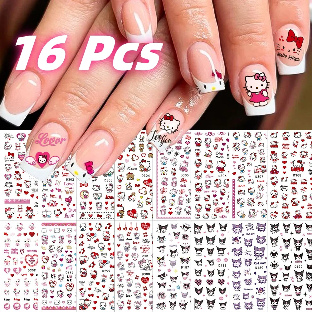 

16 шт./компл. 3D японские конфеты Sanrioed Hello Kitty наклейки для ногтей Kawaii мультфильм Kid Kitty Kuromi наклейки для украшения ногтей «сделай сам» Корея