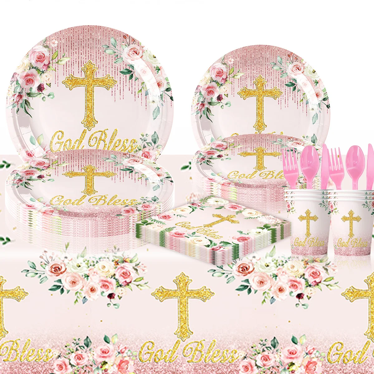 God Bless Plates Baptism Tableware Holy Tableware Plates Napkins Tablecloth Baby Shower Party Christening Religious Party Decora