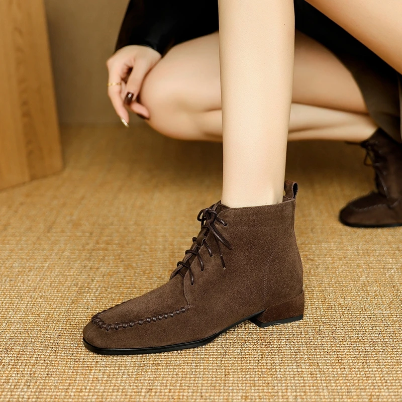 

Women's new leather sheep suede autumn and winter square toe lace up mid heel and calf Chelsea short boots retro fashion boots
