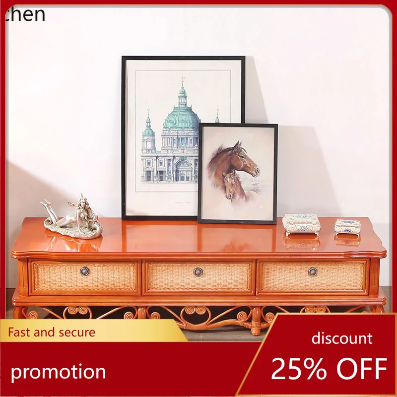 ZML rattan TV cabinet coffee table combination floor cabinet household storage solid wood advanced sense