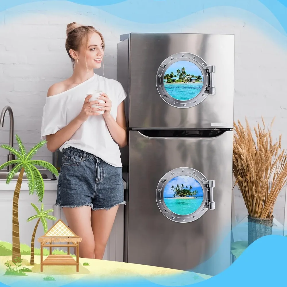 2pcs Magnetic Cruise Door & Fridge Magnets - Realistic Nautical Porthole Window Decals with Tree, Dolphin, Marine Scenery - PVC