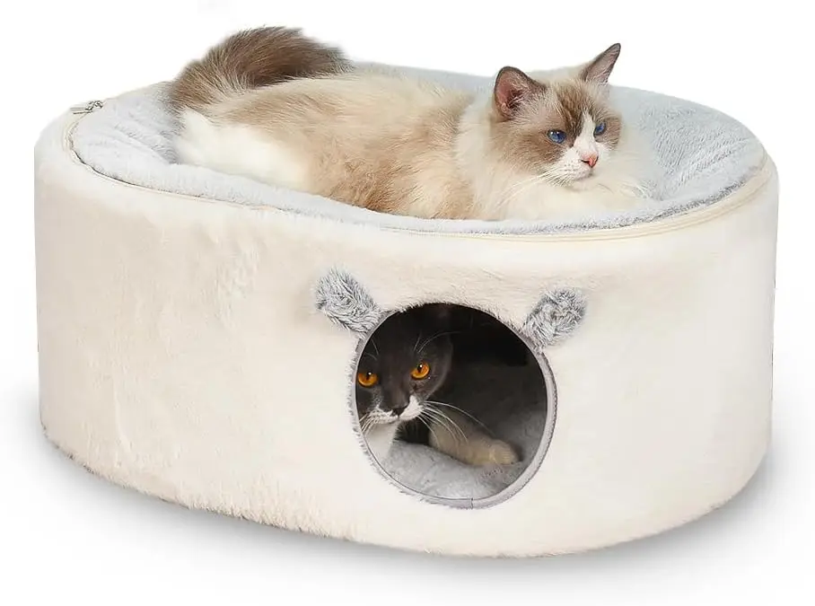 

Fluffy Large Enclosed Cat Bed with Removable Washable Cover, Oval Hideaway for Indoor Cats, Kittens, Small Dogs