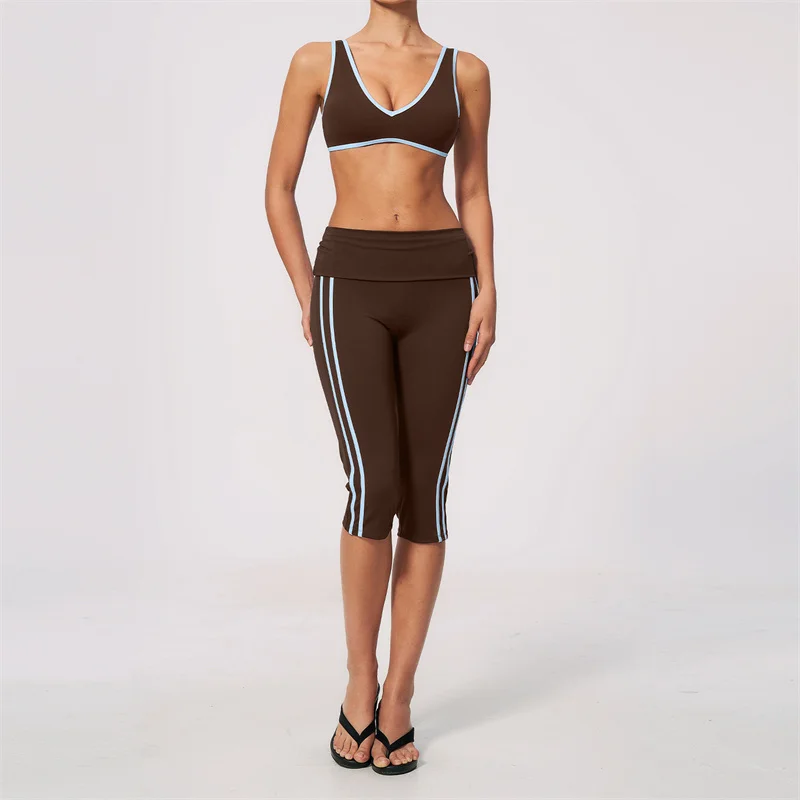 TRY TO BN Women 2 Piece Yoga Set Sports Bra Fold Over Waist Contrasting High Wiast Capri Leggings Fitness Gym Workout Tracksuit view 5
