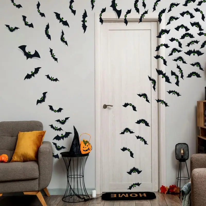 Halloween Decor - Bats Halloween Decoration Indoor Spooky Scary Creepy 3D Bats for Halloween Party Glowing Eyes Bat Wall Sticker