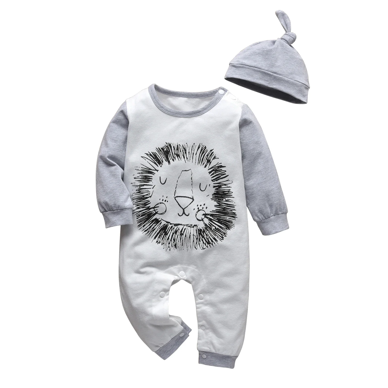 

Spring Autumn Newborn Baby Boy Romper with Hat Cotton Long Sleeve Lion Print Toddler Infant Jumpsuit Overall Onesie Playsuit