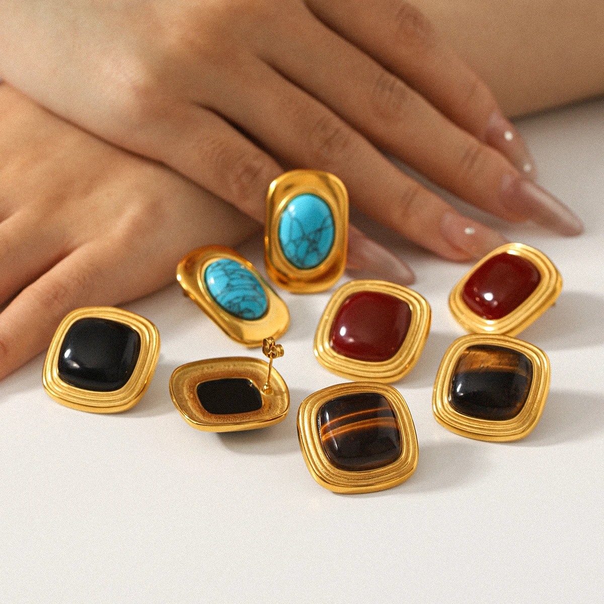 

Vintage Square Stone Stud Earrings Tiger Eye Turquoise Waterproof Tarnish Free Minimalist Women's stainless steel jewelry
