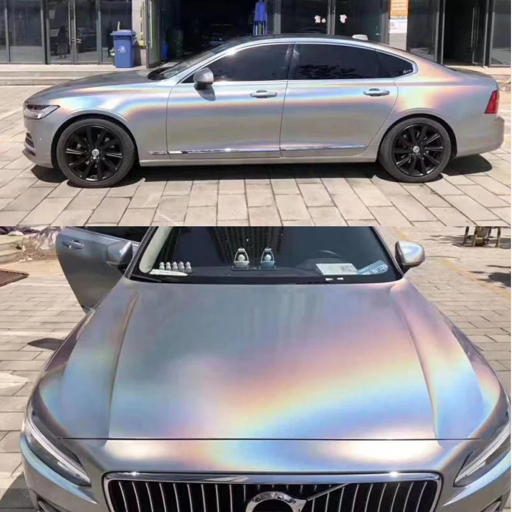 18m x 1.52m Holographic Rainbow Laser Silver Vinyl Wrap Roll Decals for Car Whole Body Wrapping, Car Styling Sticker Glossy Film