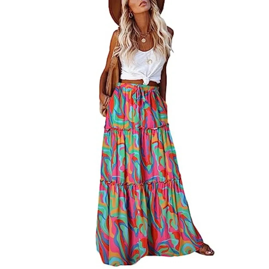 EARKOHA Womens Boho Maxi Skirt 2026 Summer Cruise Casual High Waist Tie Flowy Long Skirt with Pockets For Beach Vacation