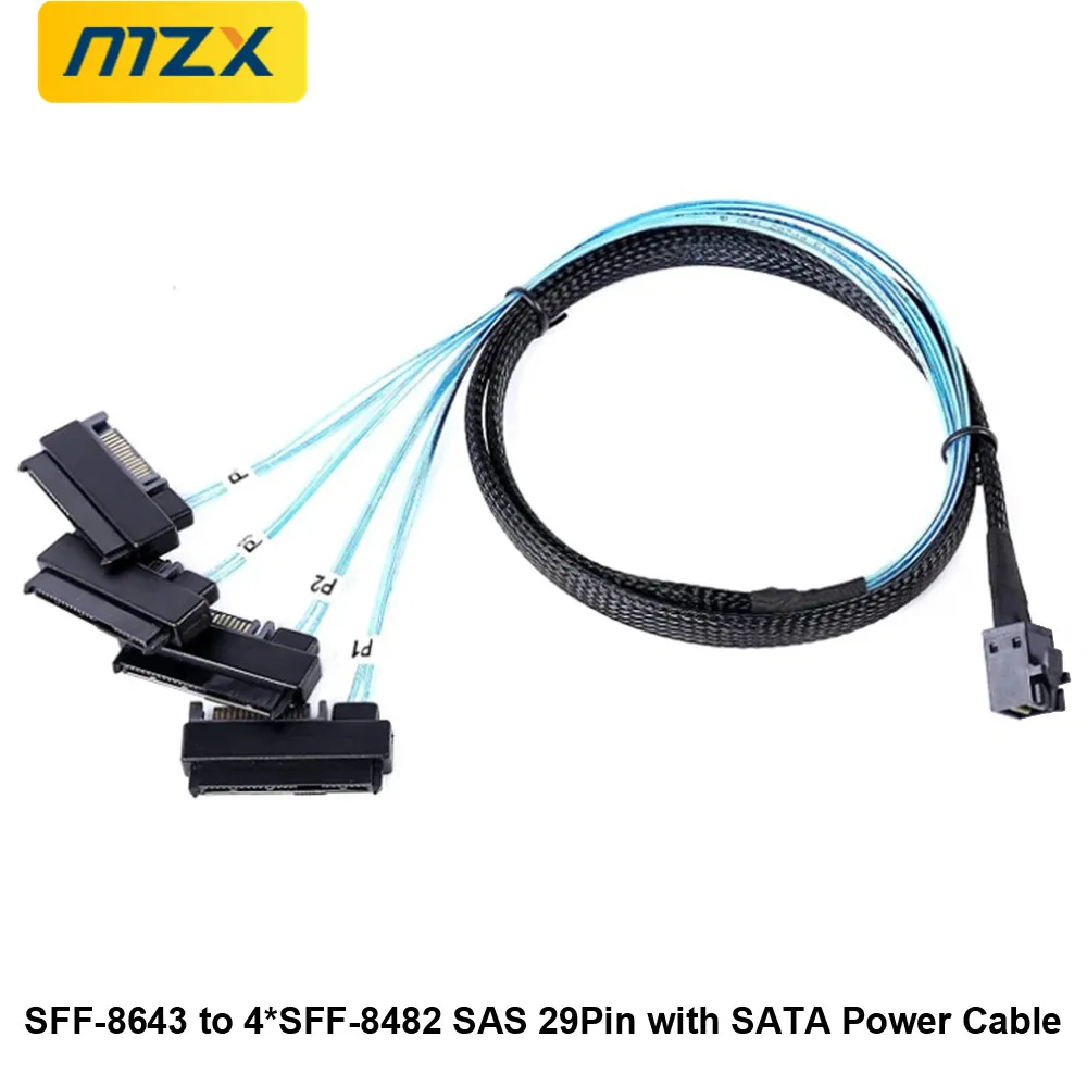 MZX 8643-8482 1.64ft/50cm SFF-8643 to 4 SFF-8482 SAS Cable Connector Adapter 29Pin SATA Power 2 in 1 Cable Mini-SAS to SAS-Cable