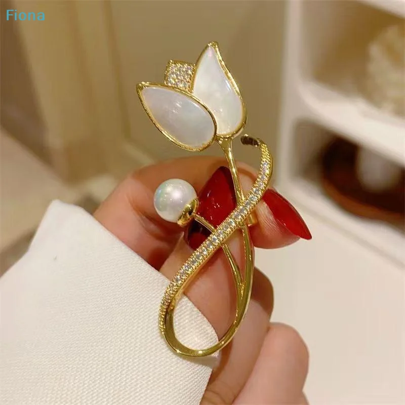 ✔Gold Tulip Brooch with Mother of Pearl,Crystal and Pearl Accents,Elegant Floral Pin for Women