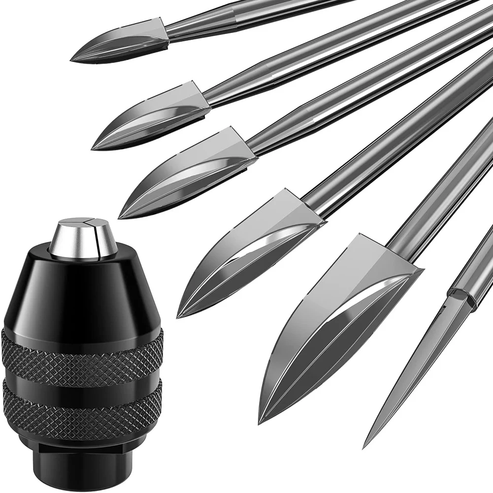 A56K 7Pcs Wood Carving Bits, 1/8inchShank HSS Engraving Drill Tool Wood Crafts Grinding Accessories with 4486 Chuck