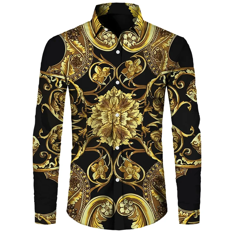 2024 New Luxury Golden Flower Chain 3D Print Men Lapel Button Shirts Long Sleeve Shirt Casual Mens Designer Clothing Streetwear