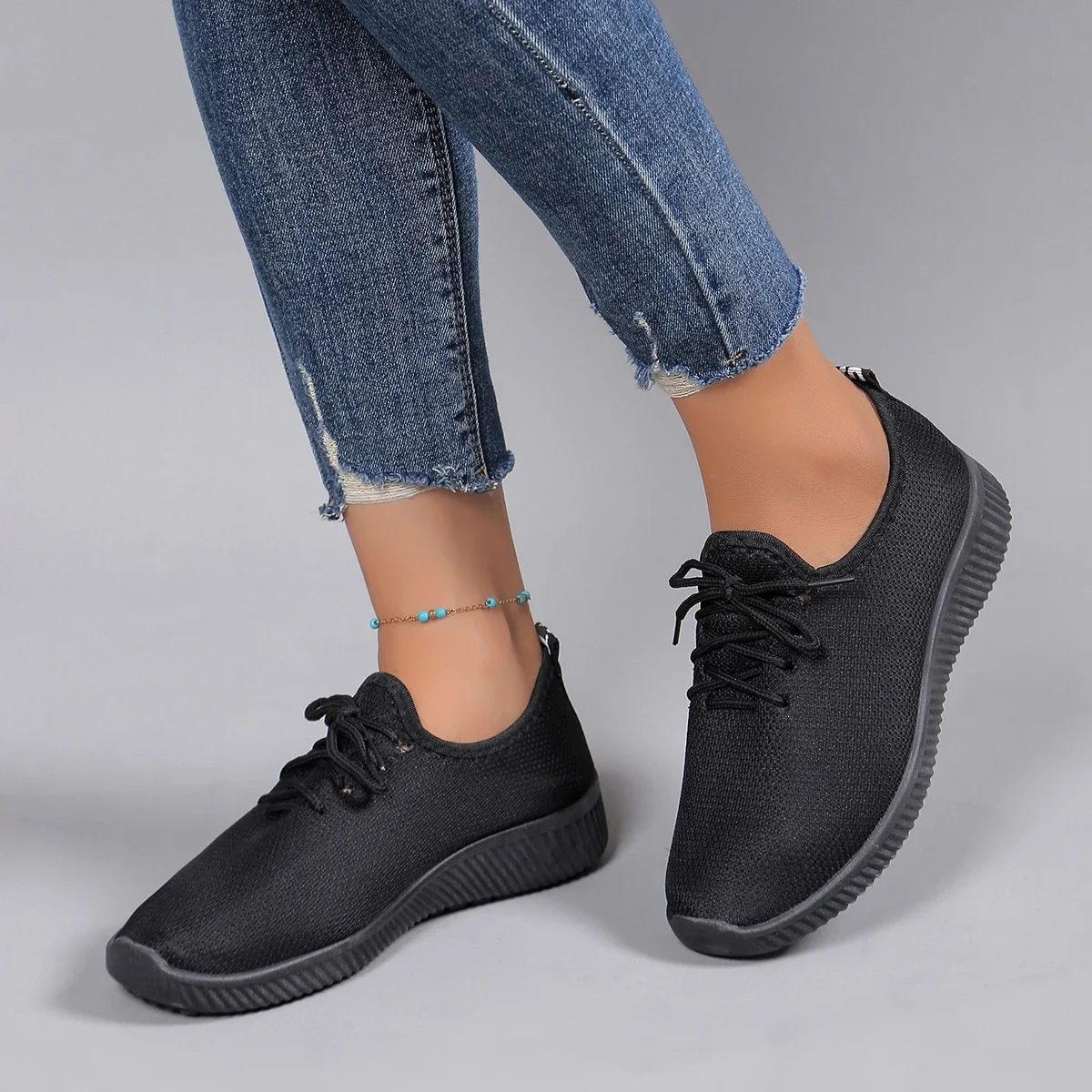 Zapatos planos de punta redonda para mujer, calzado informal de punto con cordones, talla grande, primavera y otoño