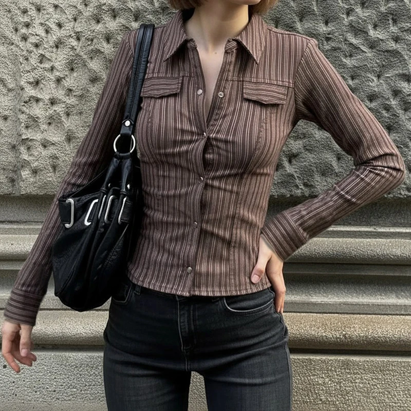 

Elegant Striped Pockets Blouse Vintage Slim-Fitting Turn-Down Collar Long Sleeve Shirts Women 2025 Autumn Spring Streettwear