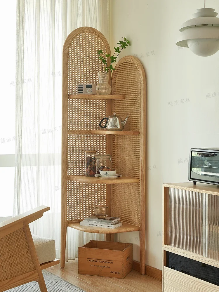 

Solid wood rattan weaving shelves, corner bookshelf walls, corner terraces, living rooms, bedrooms, triangle storage