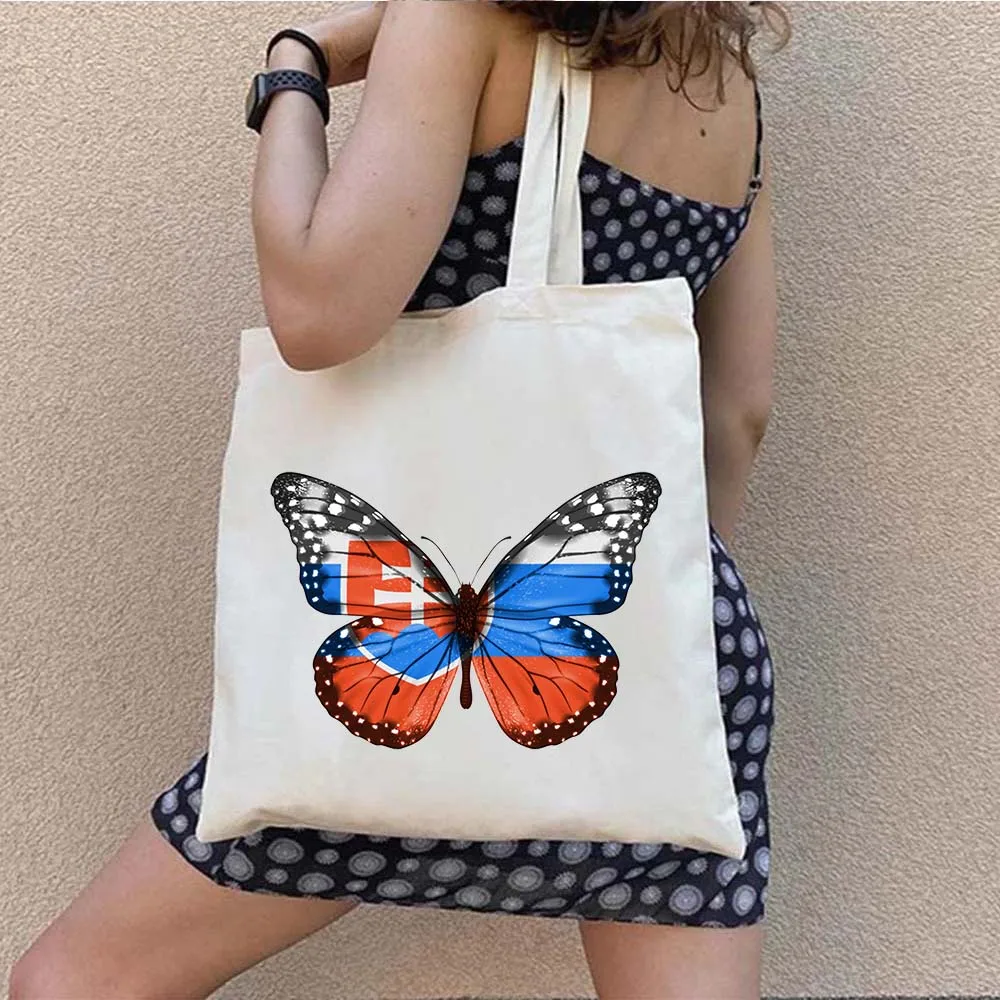 Bolsos de mano de lona de algodón, bolsos de hombro, mariposa eslovaca, abrigo de armas de Eslovaquia, corazón, bandera nacional, mapa, Shopper