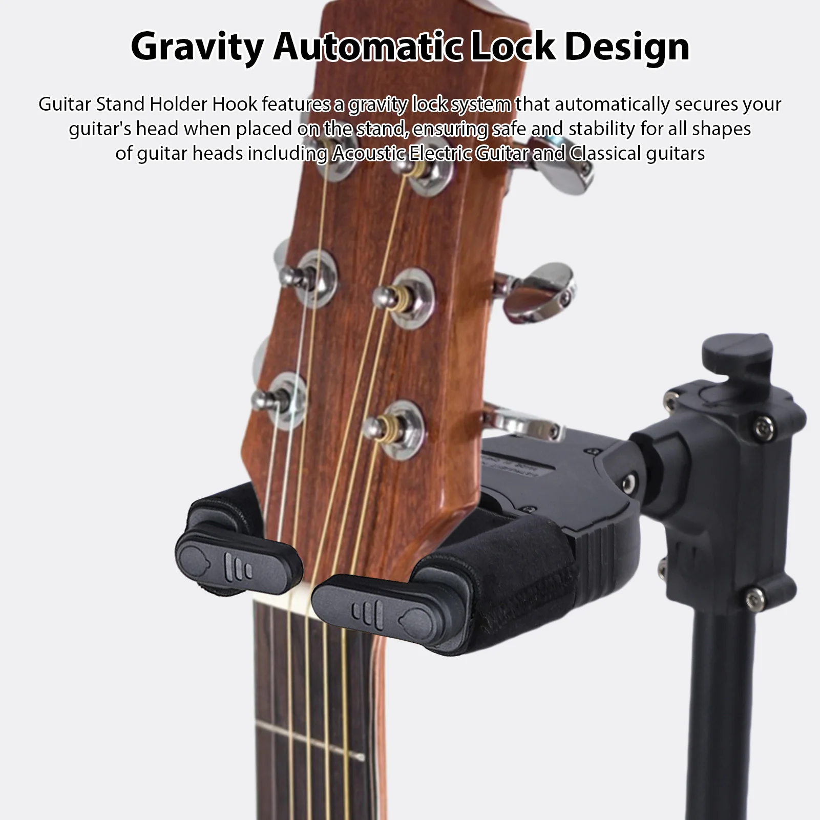 

Подставка для гитары с автоматической фиксацией Gravity Lock, крючок с автозапиранием, мягкая фланелевая подкладка, поддержка из высокоплотного поролона, регулировка высоты