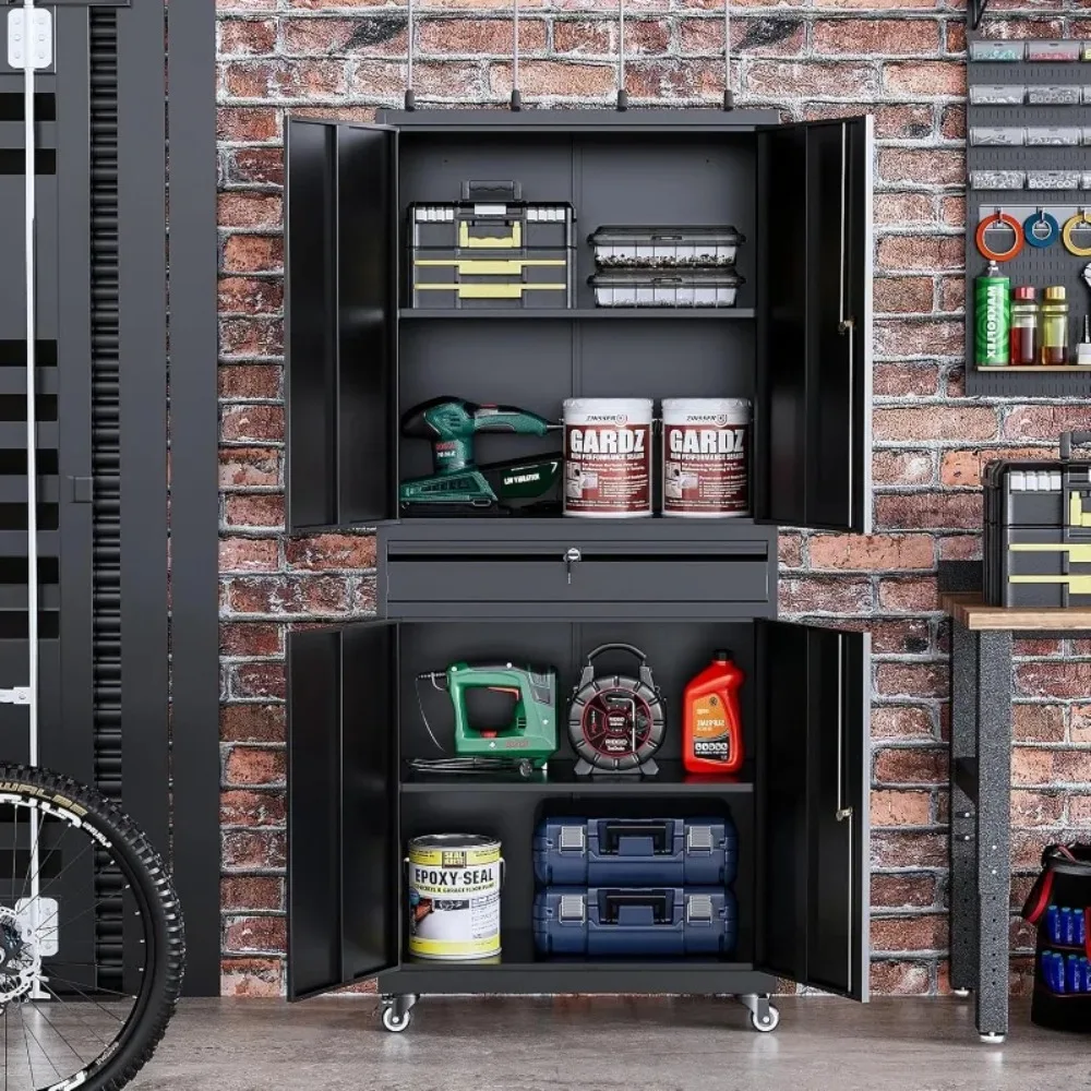 خزائن تخزين جراج معدنية مع درج، خزانة تخزين أدوات 4 أبواب مع رفين قابلين للتعديل، (أسود، 4 عجلات - 72 ساعة) جديد