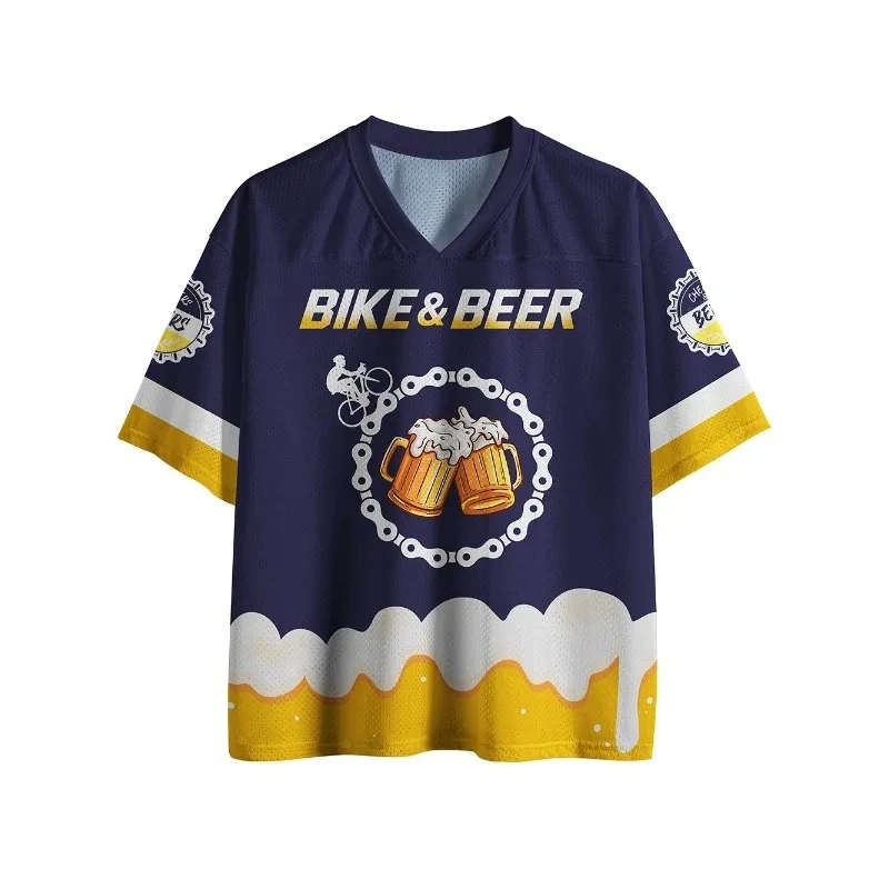 Unisex T‑Shirt Bike & Beer Print V‑Neck Sports Mesh Jersey Street Outdoor Casual Short Sleeve Top