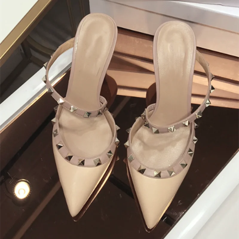 Ladies British And American Style Thin Heels Slides Front Closed Toe Shoes Cross Strap Lock Studs Silver Trendy Copy Slippers 41