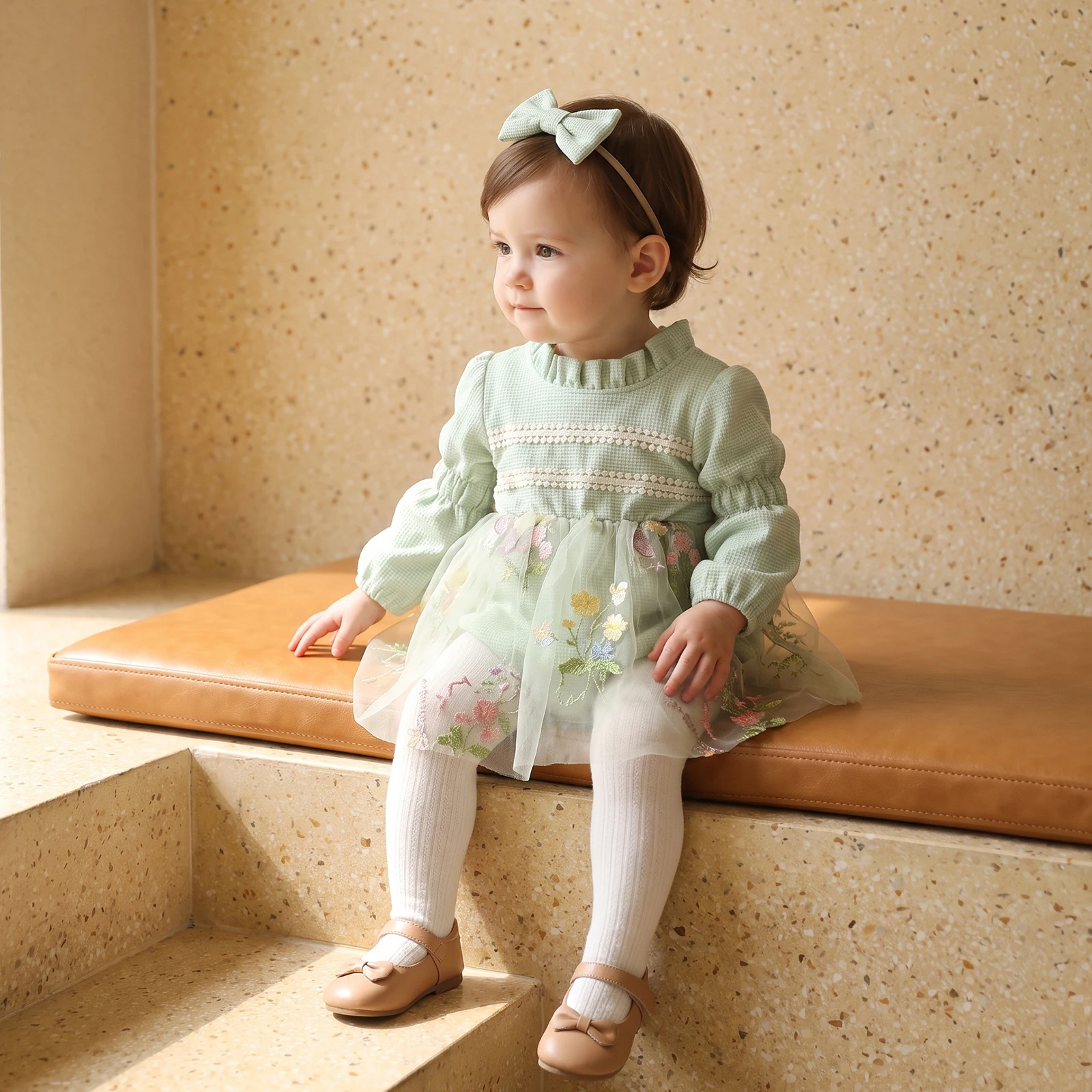 Infant Baby Girl Fall Waffle Bodysuits Outfit Long Puff Sleeve Mesh Lace Romper Dress Bow Headband Set