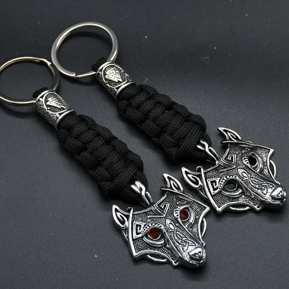 Nordic Mythology Wolf Head Keychain Men\'s Retro Handmade Survival Rope Lanyard Pendant Keyring Vikings Runes Vegvisir Jewelry