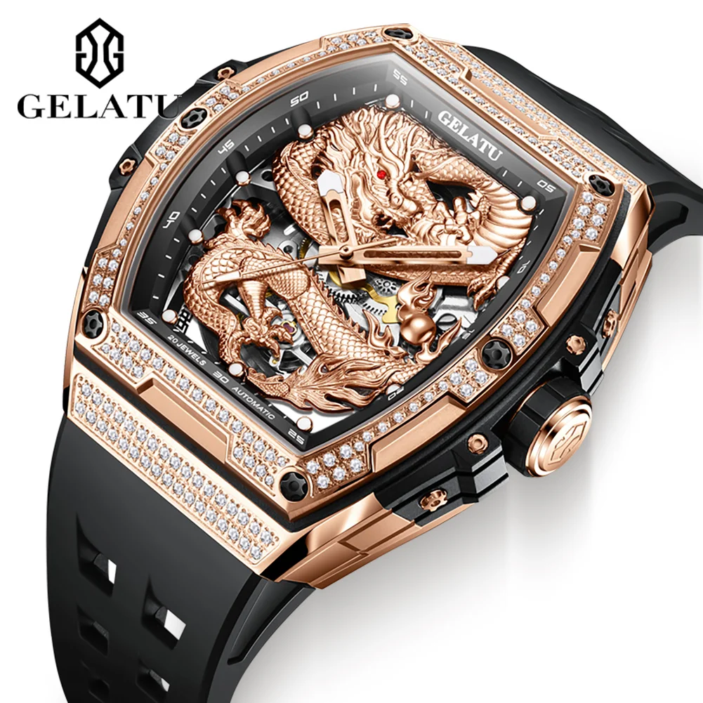 GELATU Top Brand Luxury Automatic Watch for Men Engraving Dragon Surface Waterproof Classic Rose Gold Mechanical Watches Reloj