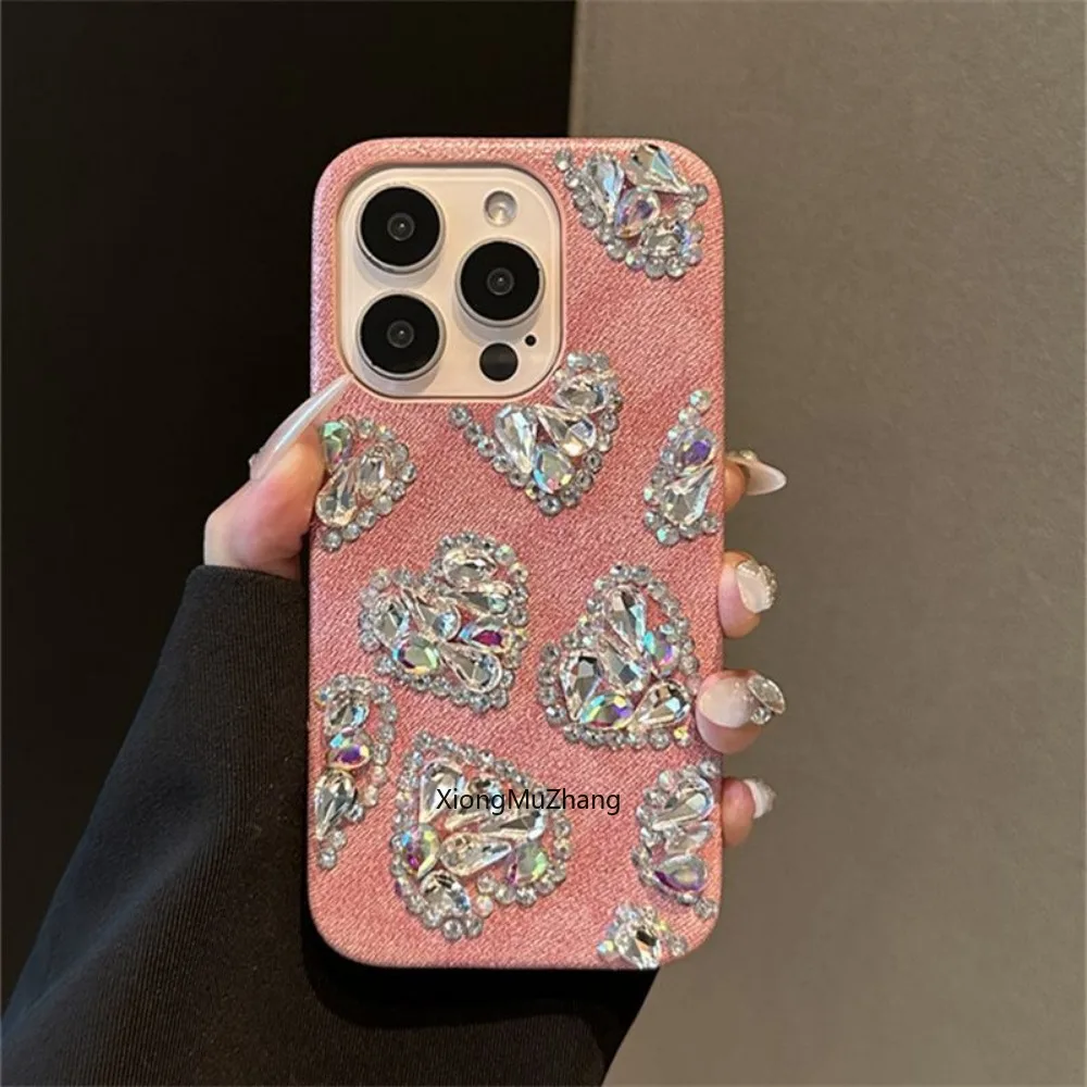 Pink Stylish Retro Denim Fabric Shockproof Protective Case for IPhone 15 14 13 12 Pro Max 11Pro XS Max Diamond Love Custom Cover