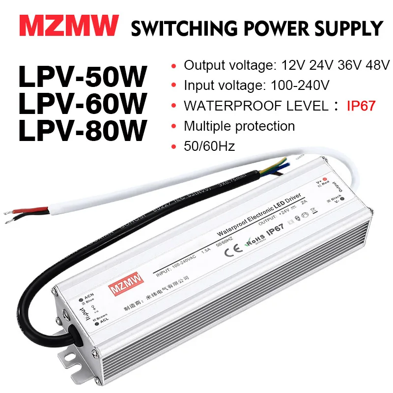 MZMW IP67 Waterproof Switching Power Supply 50W 60W 80W AC 110V~220V DC 12V 24V 36V 48V Lighting Driver Transformer LED Strip