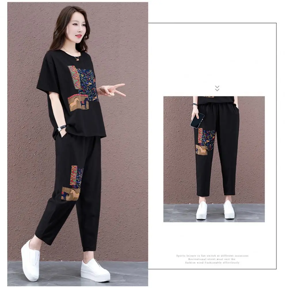 2Pcs/Set Popular Leisure Tracksuit  Pockets Breathable Top Pants Set  Summer Printing Mid-aged Mother Outfit