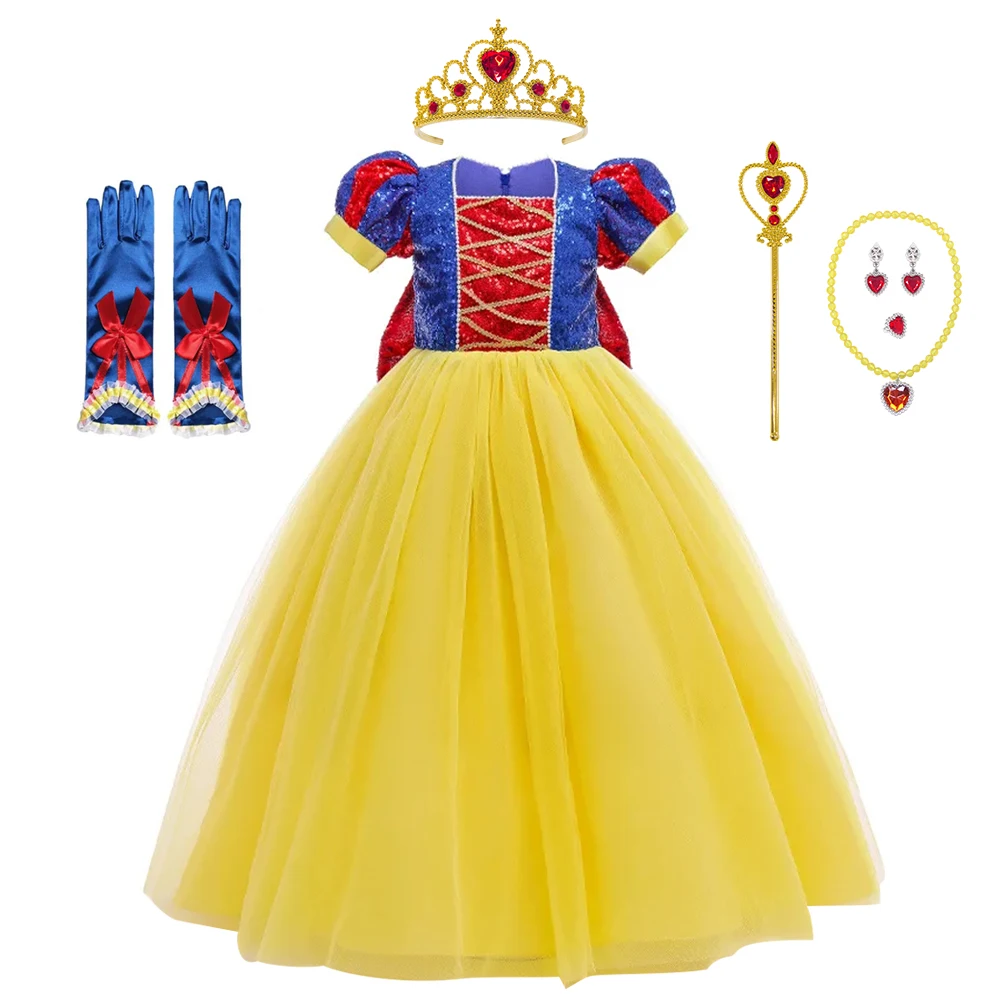 2024 menina traje princesa cosplay fantasia vestido branco de neve com acessórios para festa de aniversário de carnaval 3-10y