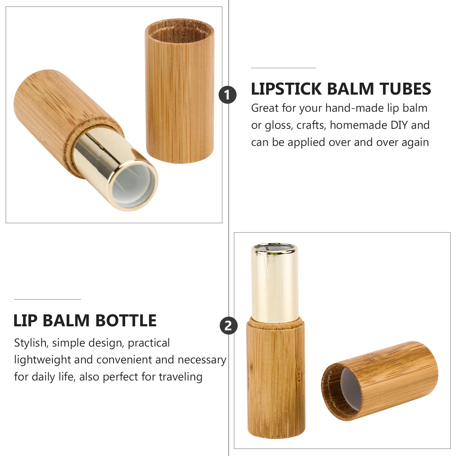 2 Stück Bambus-Lippenstift-Balsam-Röhren, leere DIY-Lipgloss-Behälter, rustikales Design für handgefertigte Lippenbalsam-Röhren, tragbare Lippenstift-Röhre