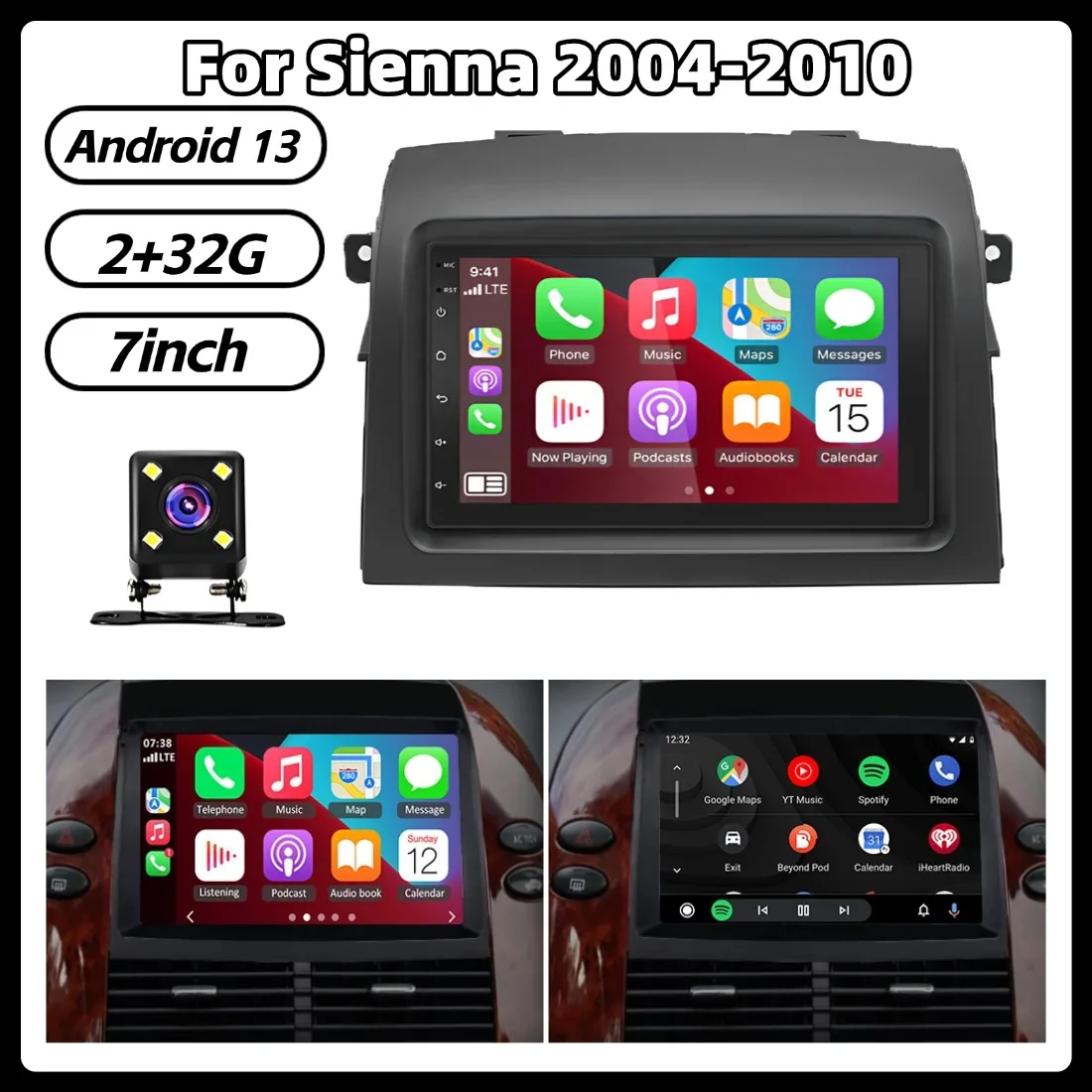 

7-дюймовая автомагнитола с Android 13, 2+32 ГБ, GPS-навигацией, для Toyota Sienna 2004-2010, с CarPlay, Android Auto, Bluetooth, Wi-Fi