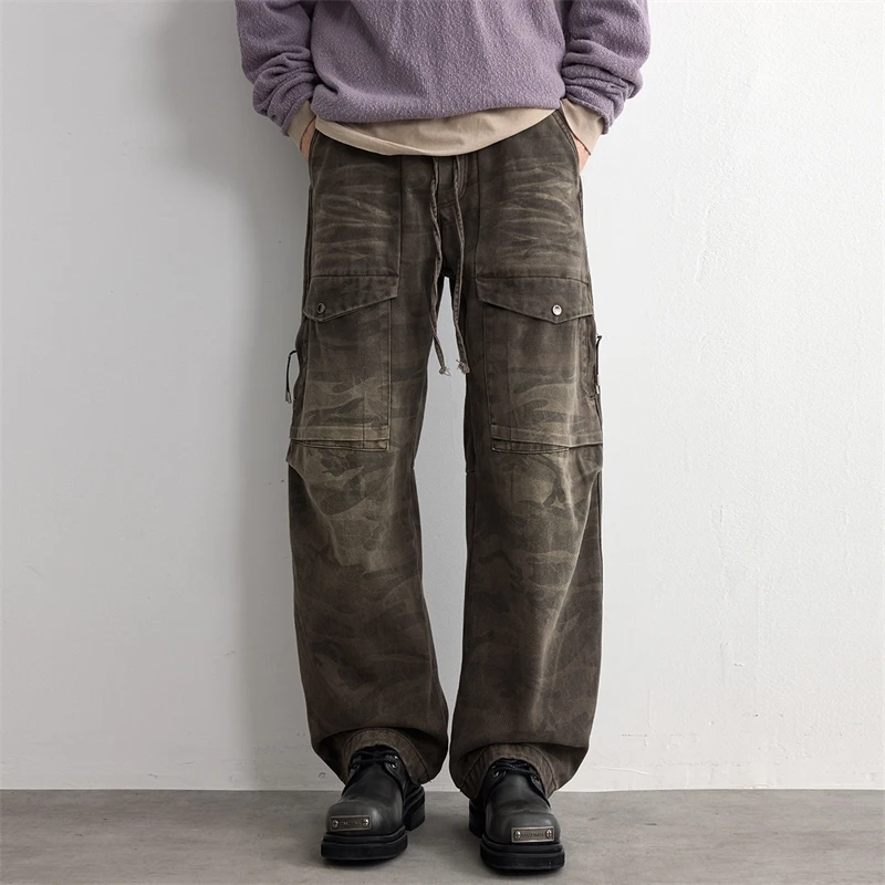 Leg Men's Wide Cargo Pants Casual Camouflage Utility Pocket Drawstring Waist Baggy Jeans High Street Denim Trousers SRJ0