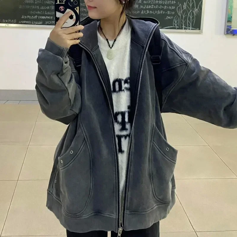 Autumn Winter Women Black Sweatshirts Streetwear Casual Korean Fashion Pullover Hoodies Vintage Gothic Coat Y2k Clothes Kpop