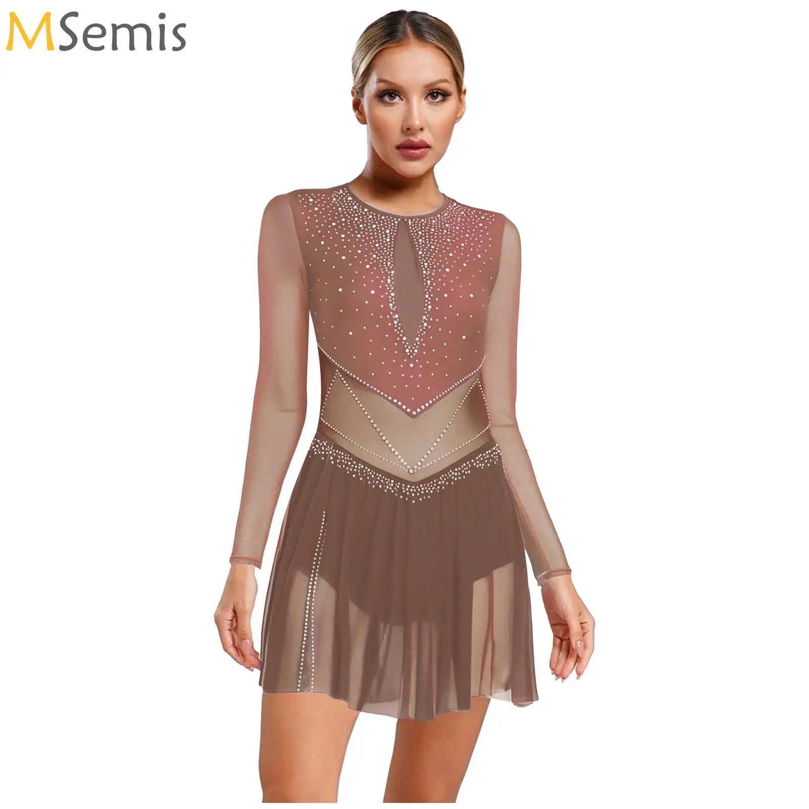 

Women's Rhythmic Gymnastic Jersey Figure Skating Leotards Dress Rhinestones Latin Lyrical Ballet Dance Mesh Skirted Bodysuit