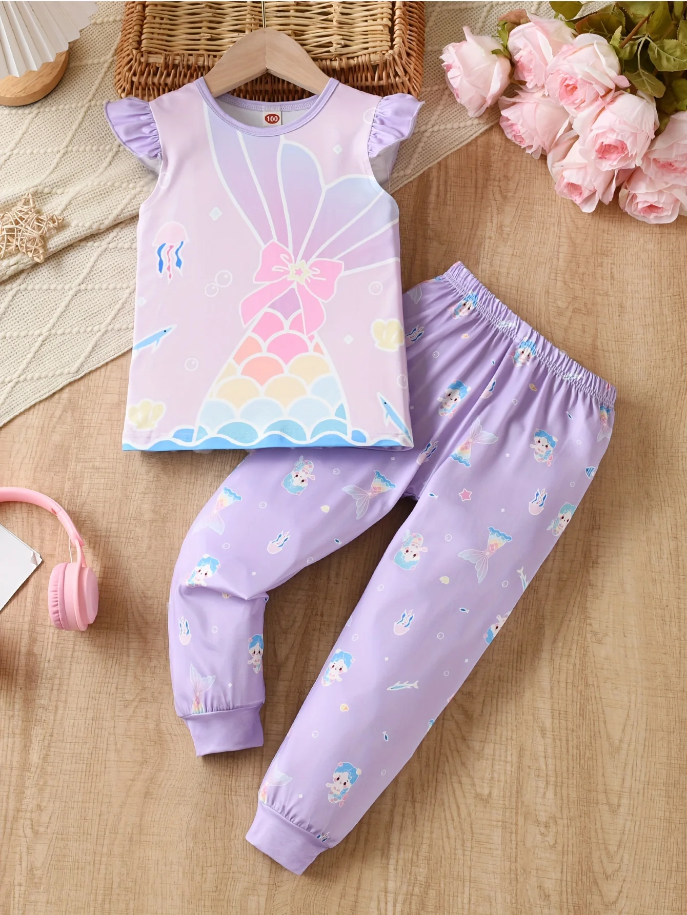 2pcs Girls Cartoon Mermaid Graphic Flutter Trim T-shirt Top + Shorts Set - Sweet Casual Summer Outfit for Precious Moments