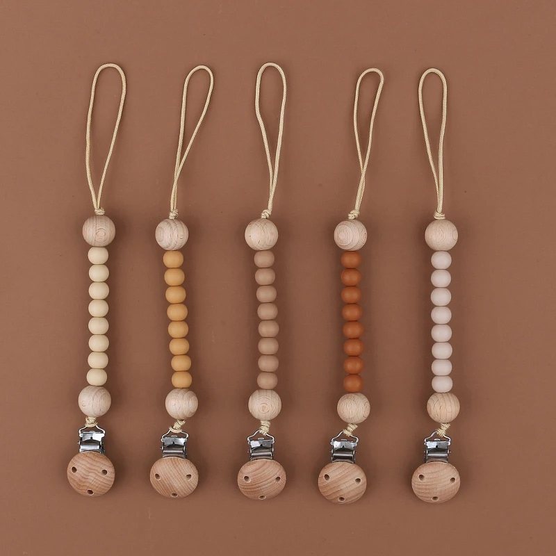 Baby Pacifier Clips BPA Free SIlicone Beads Beech Wood Beads Dummy Nipple Holder Clip Newborn Infants Pacifier Chain  Accessory