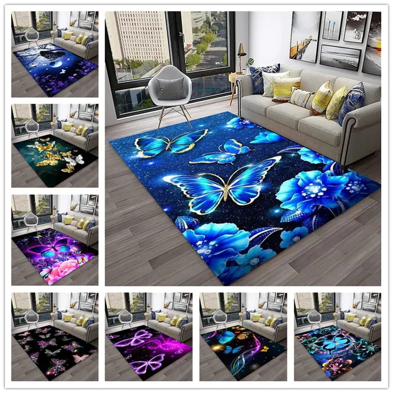 VIKAMA Vintage Dream Butterfly Rug Gradient Blue-Green Soft Living Room Area Rug Non-Slip, Wear-Resistant, Durable Carpet
