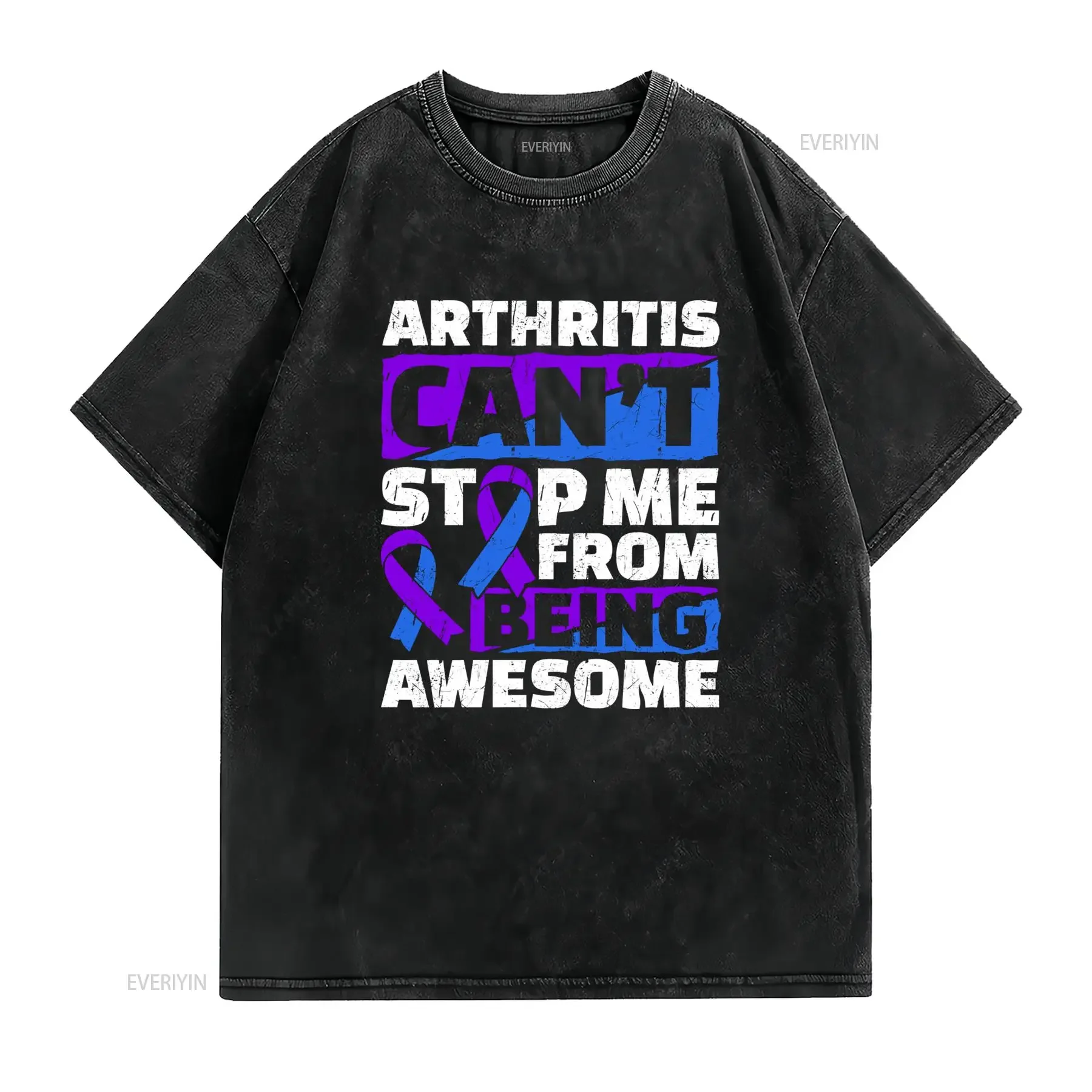Inspirational Arthritis Awareness Slogan Purple Blue Ribbon Print Casual T Shirt vintage Washed streetwear Soft Stretched