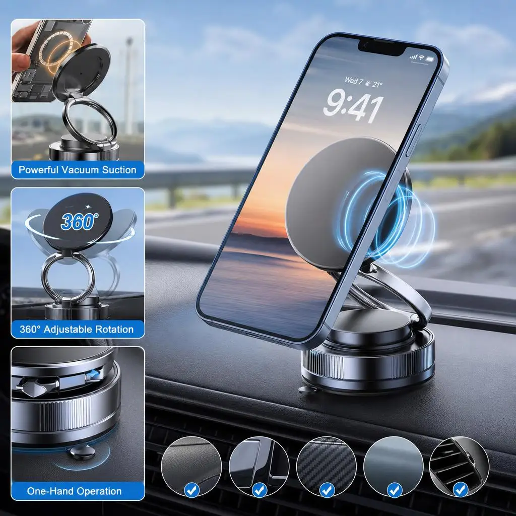 Vacuum Suction Magnetic Car Phone Mount 360 Degree Rotation Navigation Universal Suction Cup Phone Mount For All MagSafe iPhone Android Smartphones