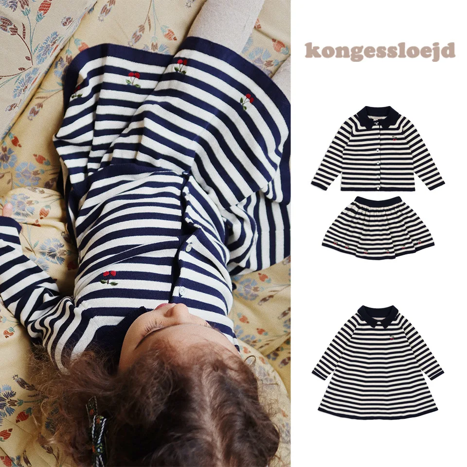 

2024 Autumn/Winter New Kids' Fashion KS Black and White Striped Cherry Sweater Set with Embroidered Dress for Girls