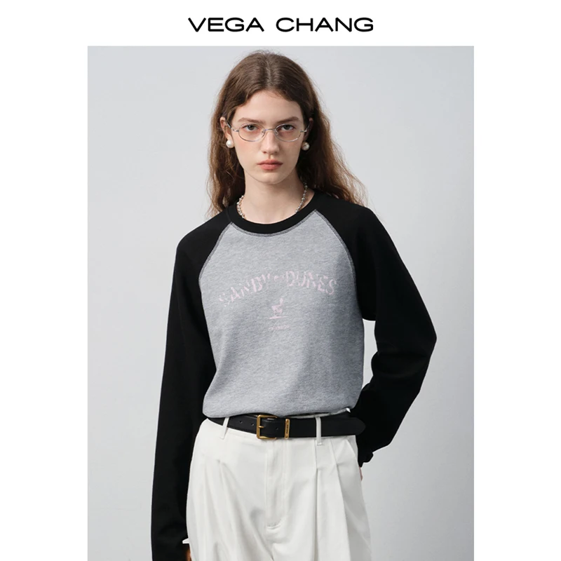 

Vega Chang Autumn and Winter New Women's Long-Sleeved T-Shirt American Retro Contrasting Color Raglan Sleeves Letter Print Top